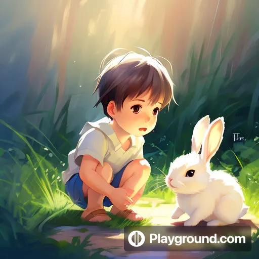 a little boy kneeling down next to a bunny