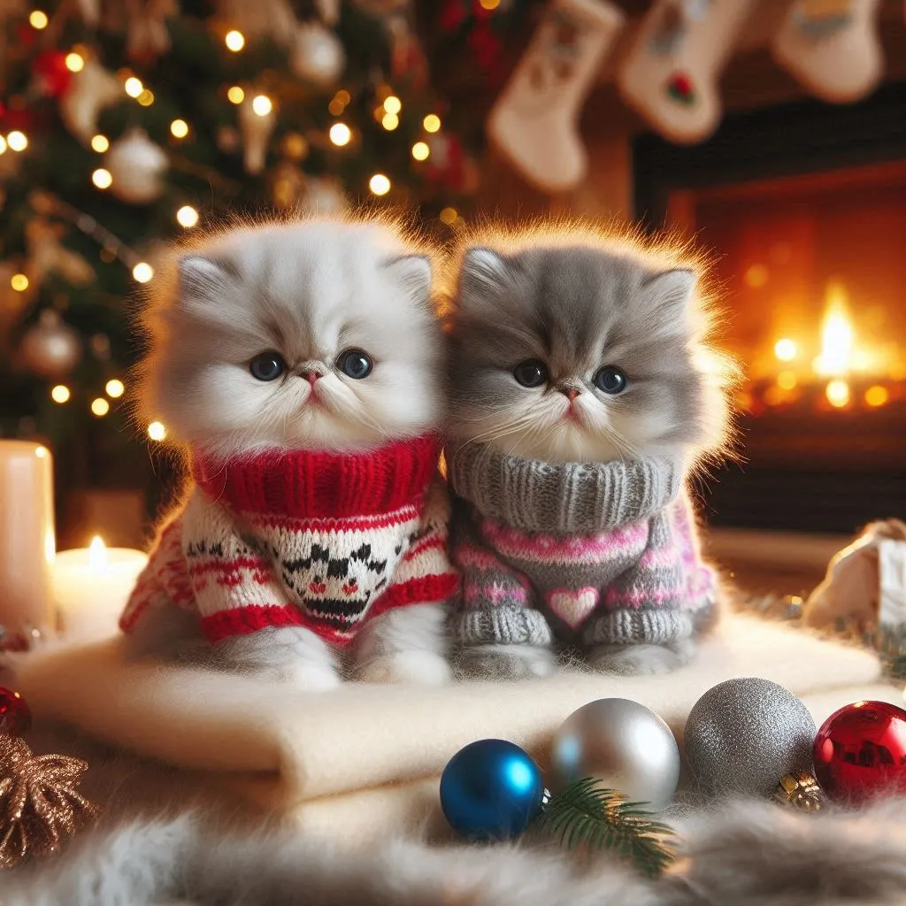 two small kittens wearing sweaters next to a christmas tree