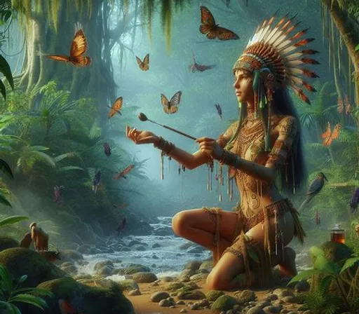 a painting of a native american woman in the jungle