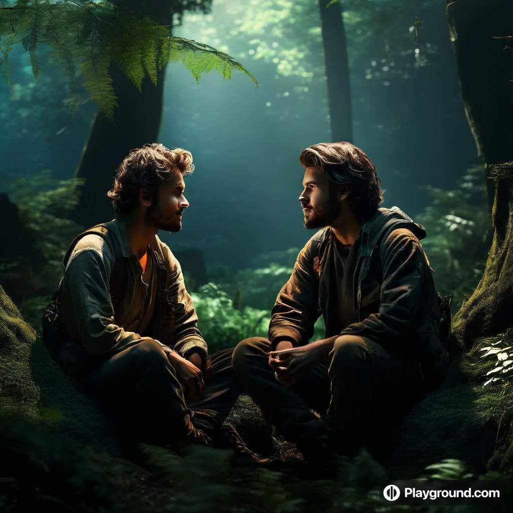 two men sitting on the ground in the woods