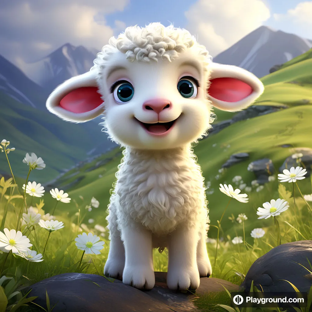 a little lamb standing on a rock in a field of flowers