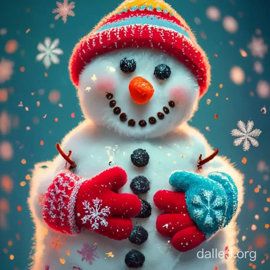 a snowman wearing a red hat and mittens