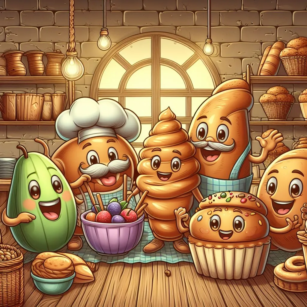 a group of cartoon characters pastries  happily standing around a table