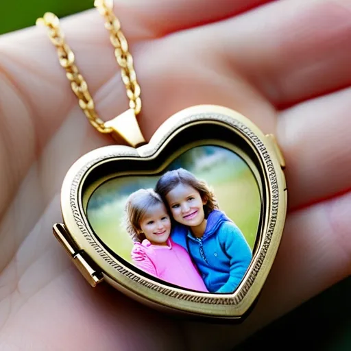 A heart-shaped locket opening to reveal a photo of the mother and her children.