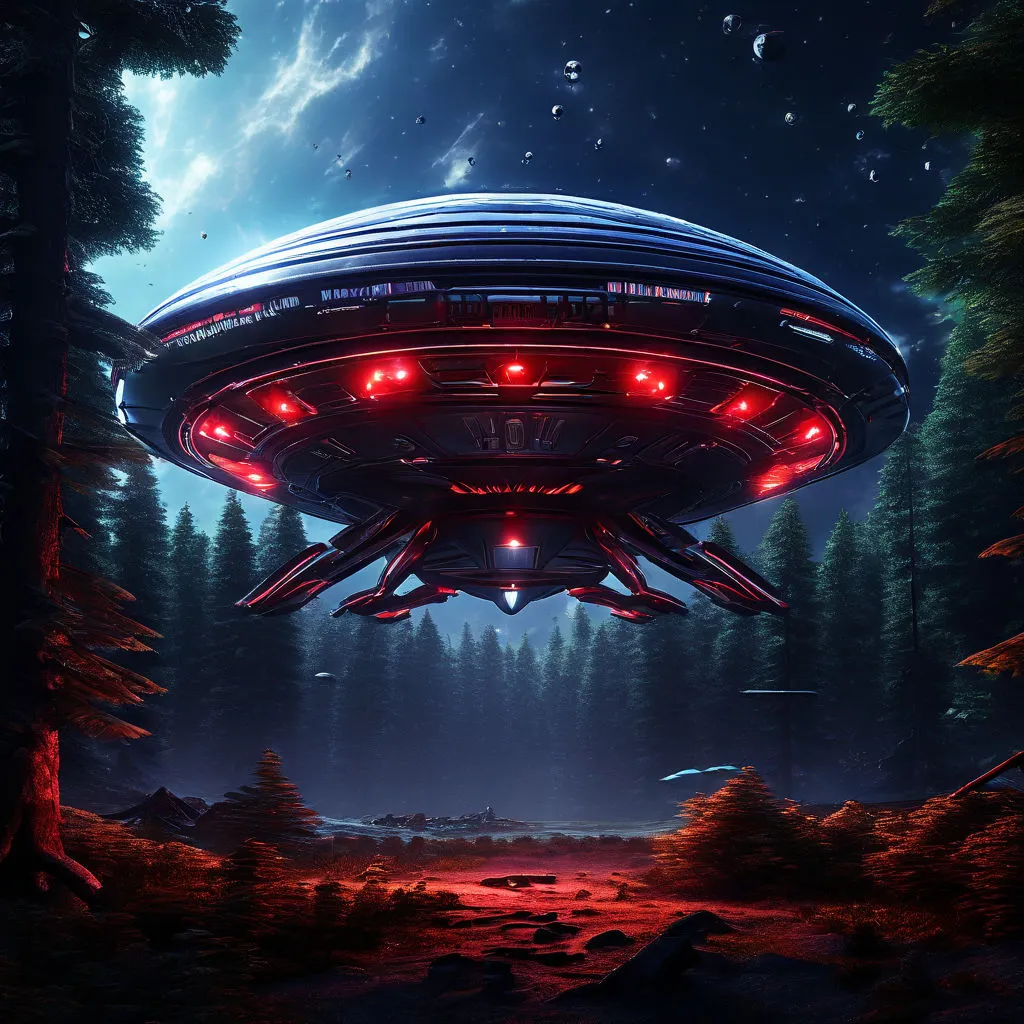 a large alien ship flying through a forest at night, make the alien ship flying 