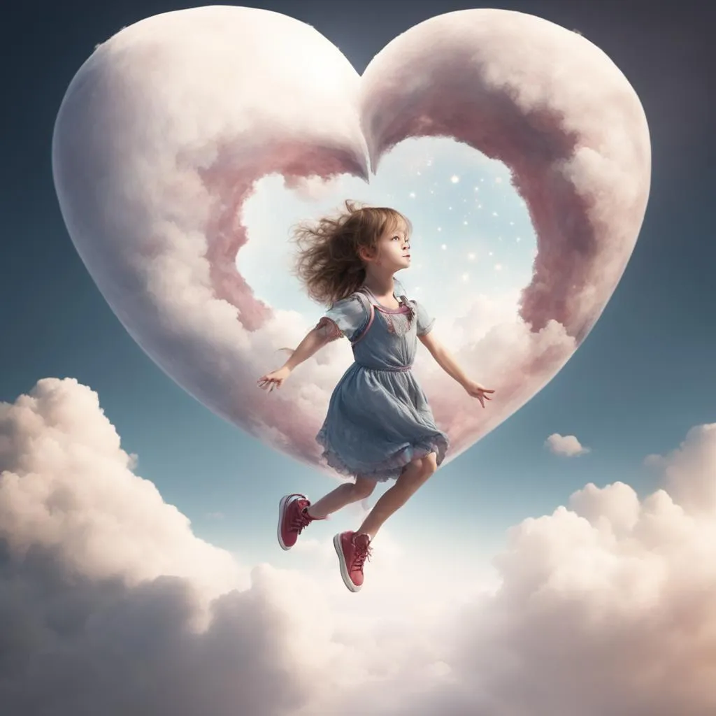 a little girl flying through the air in a heart shaped cloud