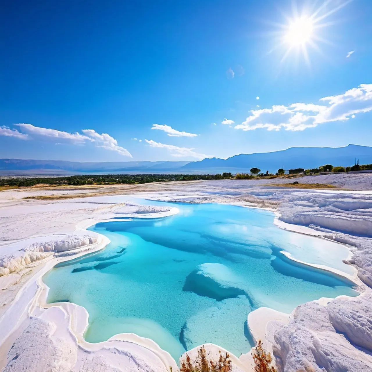 a blue pool of water surrounded by snow