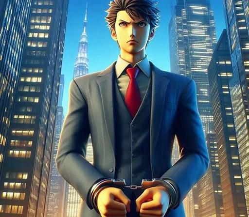 a man in a suit and tie standing in front of a city