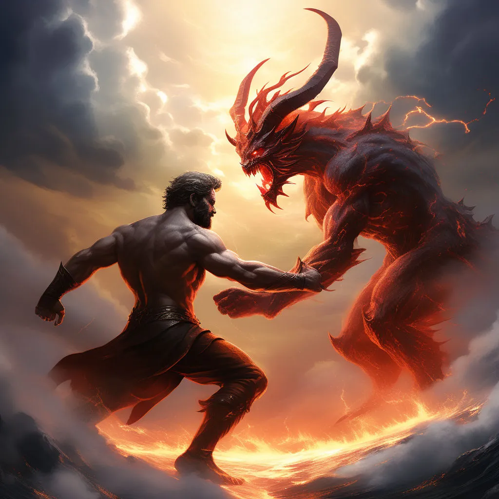 a man and a demon fighting in the sky