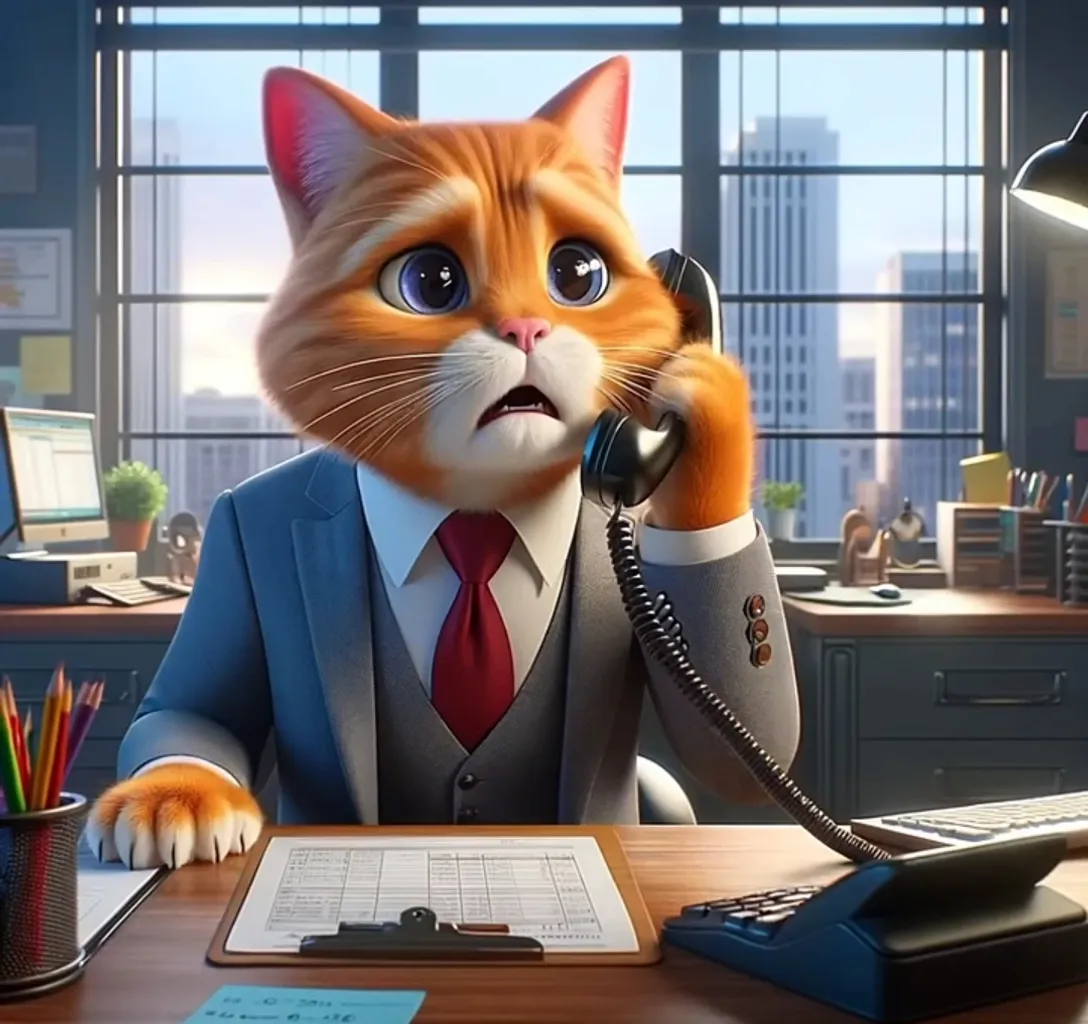 a cat in a suit talking on a phone