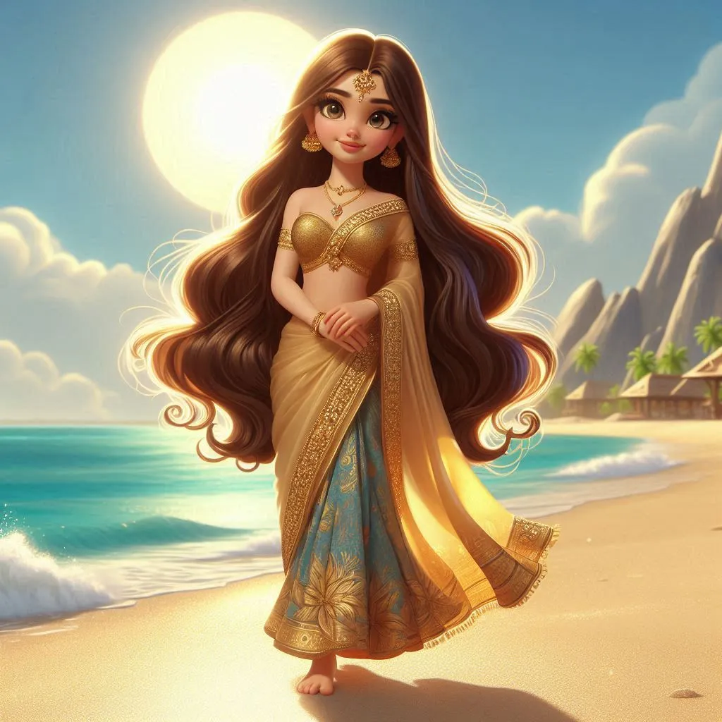 a beautifulqueen wearing golden saree long hair standing barefoot in beach  3D animation cartoon  zoom out 