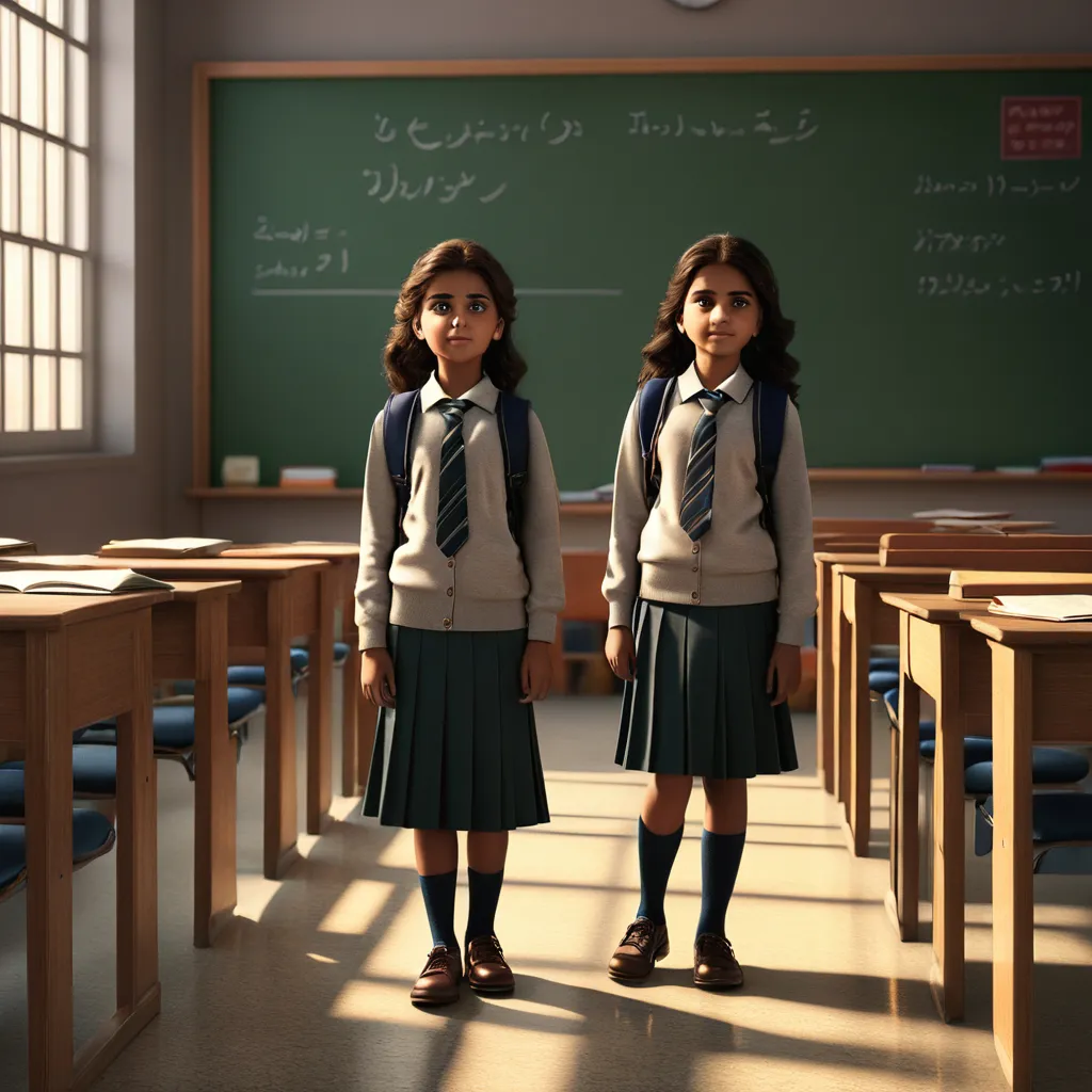 two young girls standing in front of a blackboard