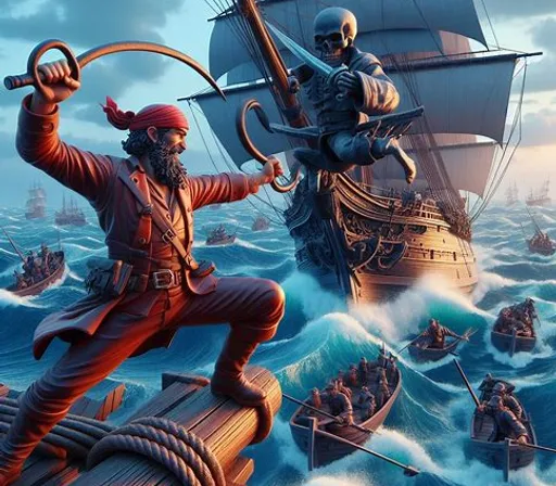 a painting of a pirate and a skeleton on a ship