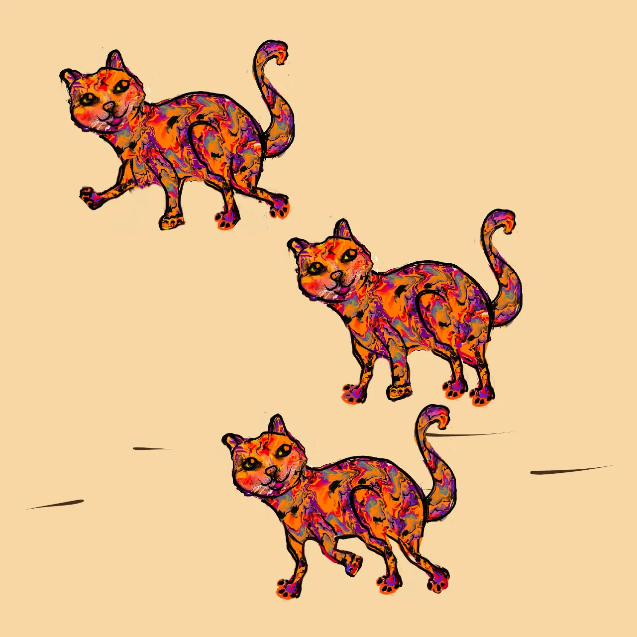 a group of three cats walking 