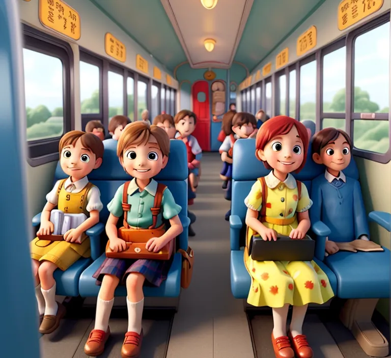 a group of children sitting on a bus