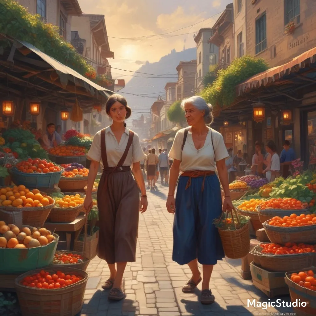 a painting of two women walking down a street