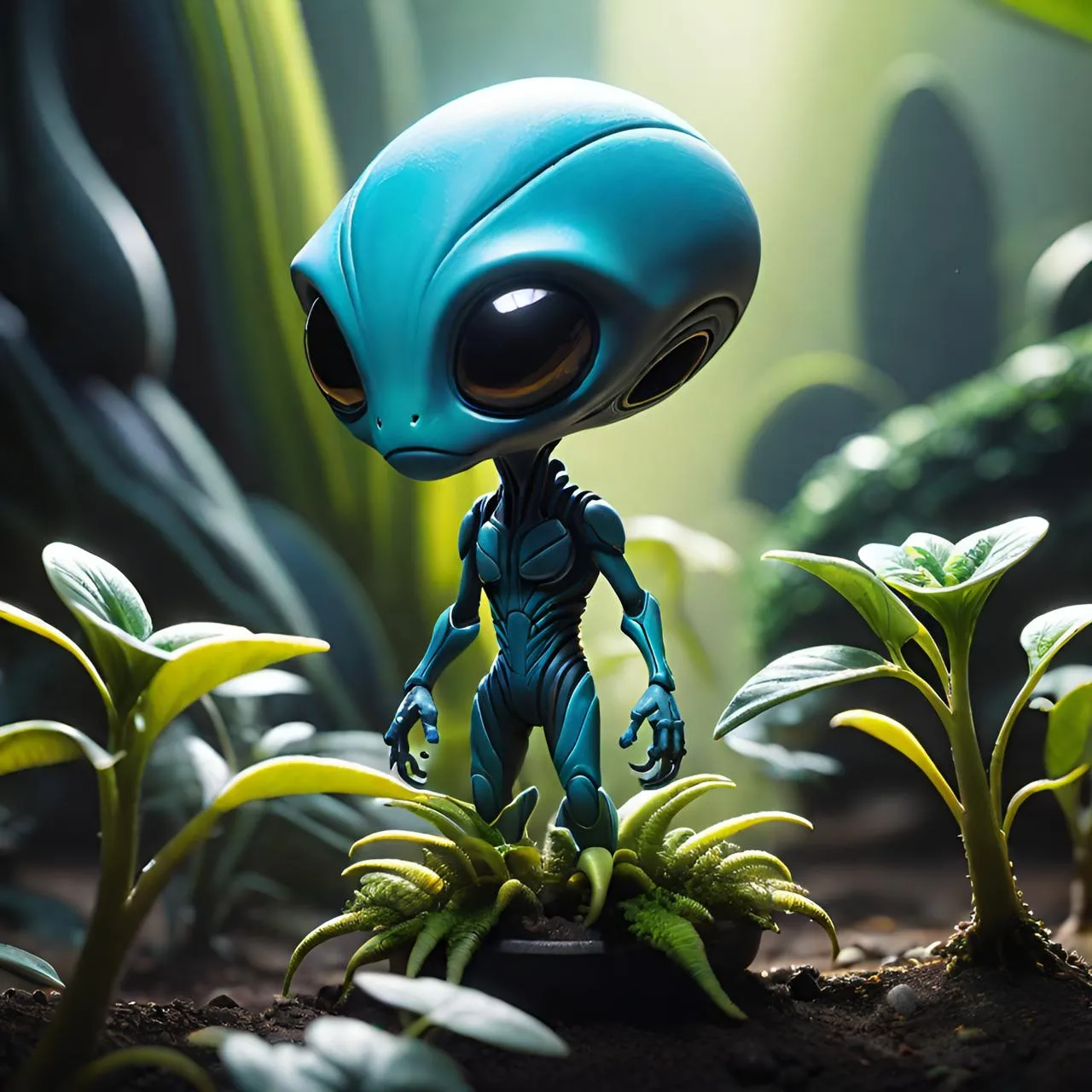 a blue alien is standing in the middle of plants