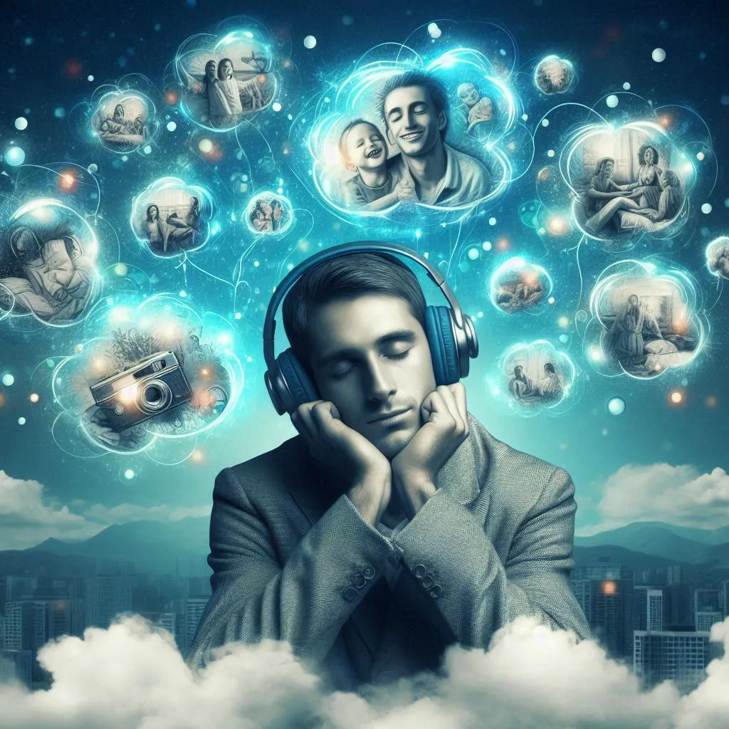 a man with headphones is sitting in the clouds