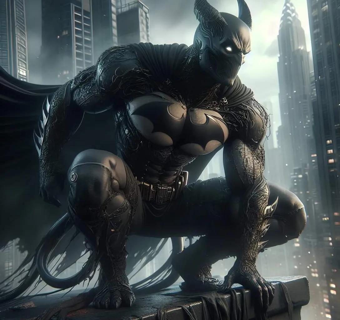 A black and white retro-inspired Batman statue overlooking a busy city