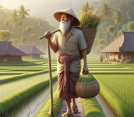 a painting of a man carrying a basket of rice