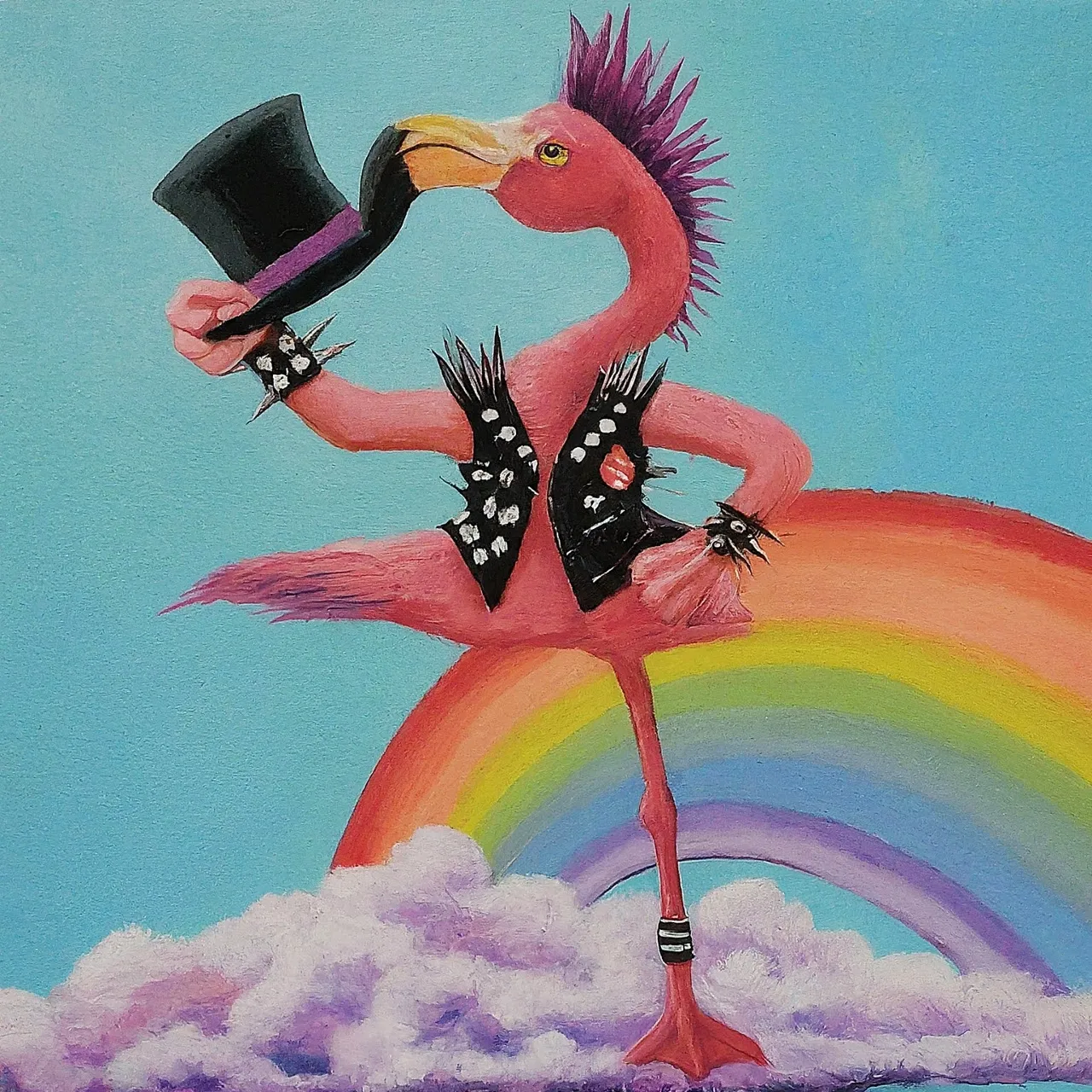 Flamingo wearing top hat, standing amongst tropical flowers and a rainbow in the sky