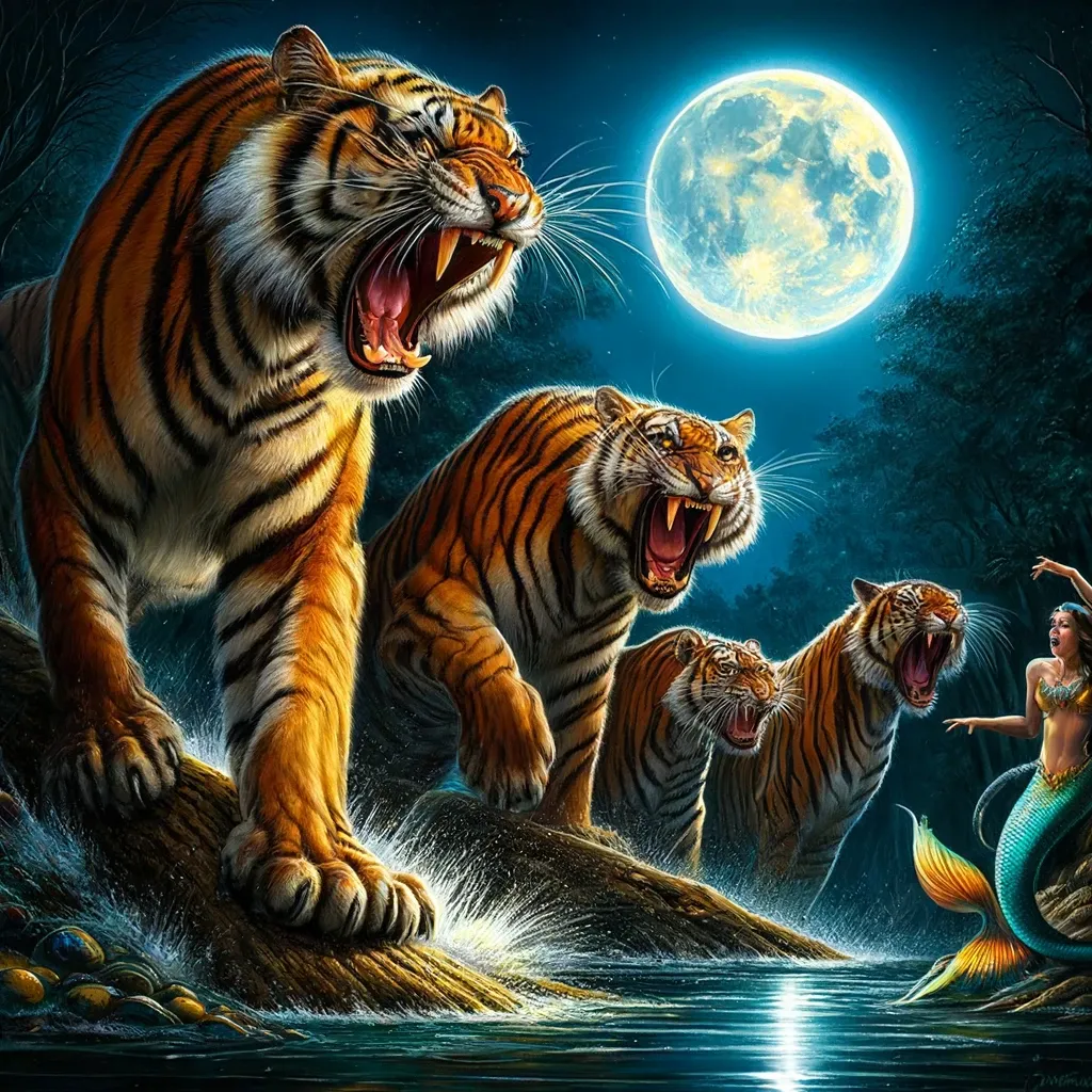 a painting of three tigers and a mermaid with a full moon in the background