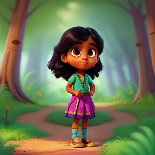 a little girl standing in the middle of a forest