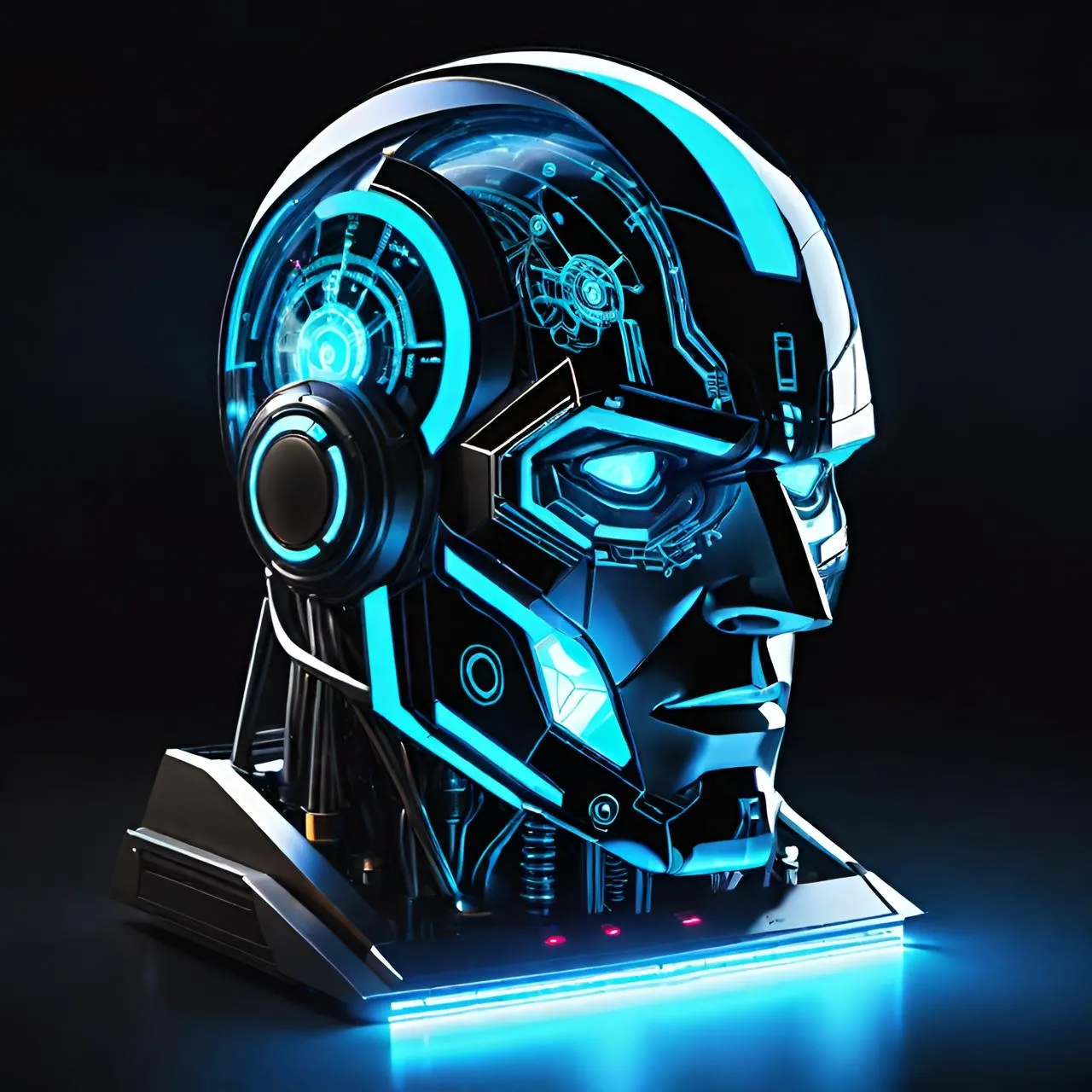 a robot head with glowing lights on it