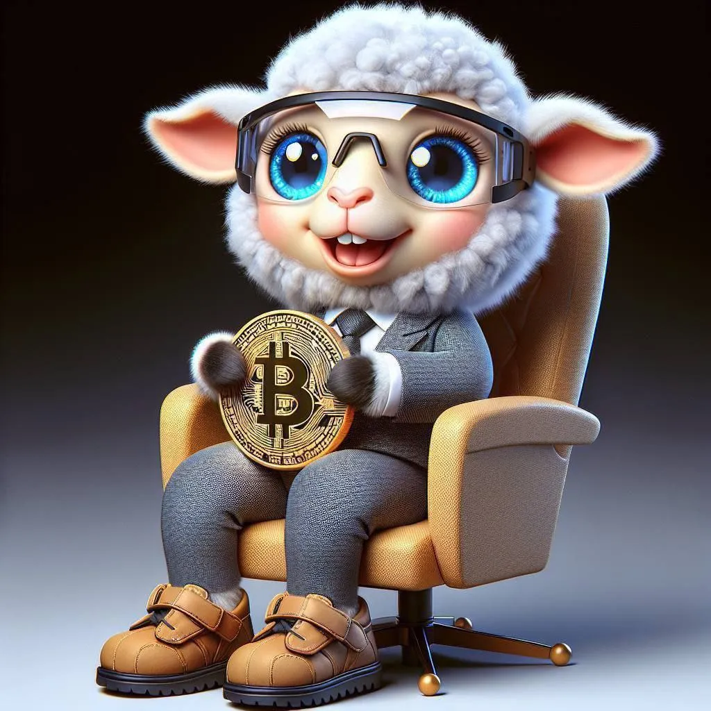 a cartoon sheep sitting in a chair with a bitcoin