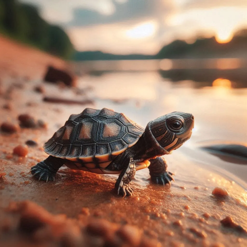 a small turtle sitting on top of a sandy beach