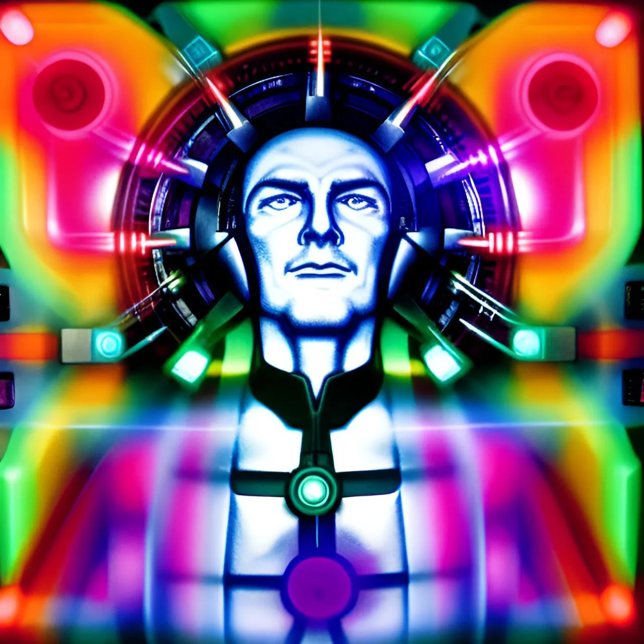 a digital painting of a man's face in front of a multicolored