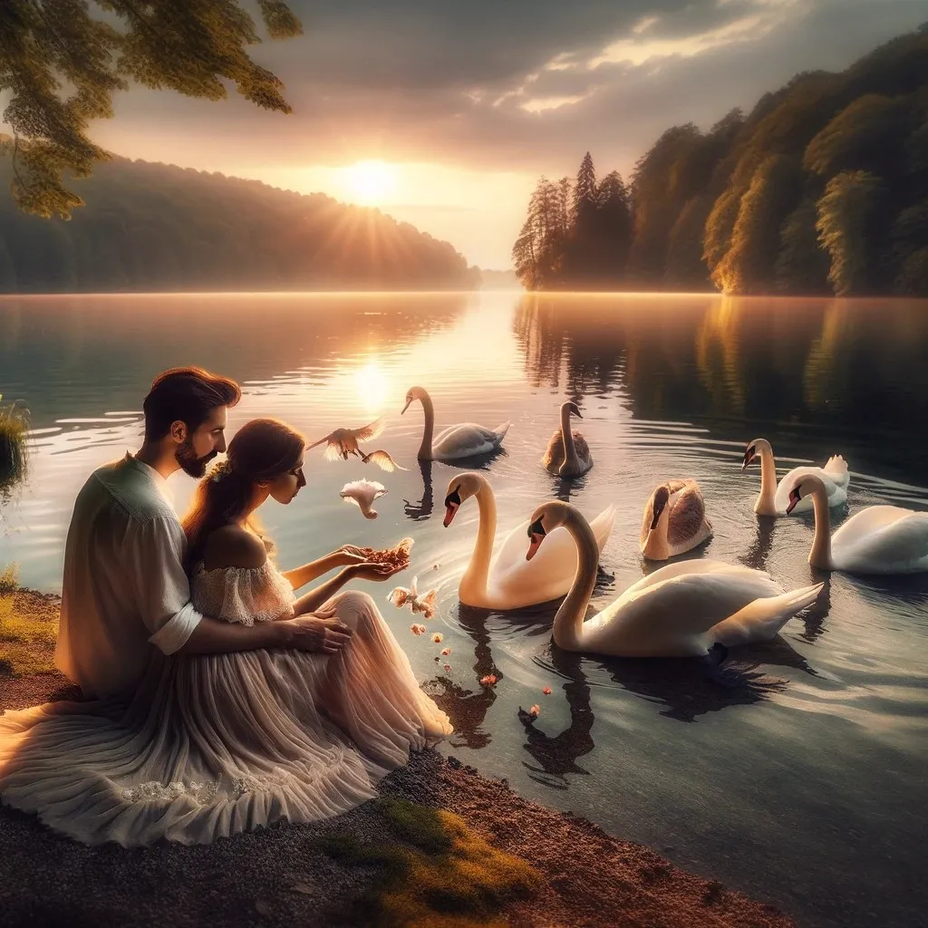 a man and a woman feeding swans on a lake