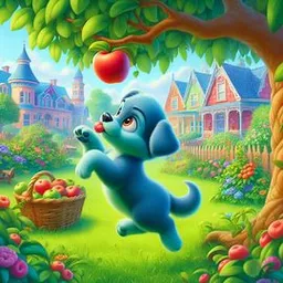 a blue dog in a garden with an apple in its mouth