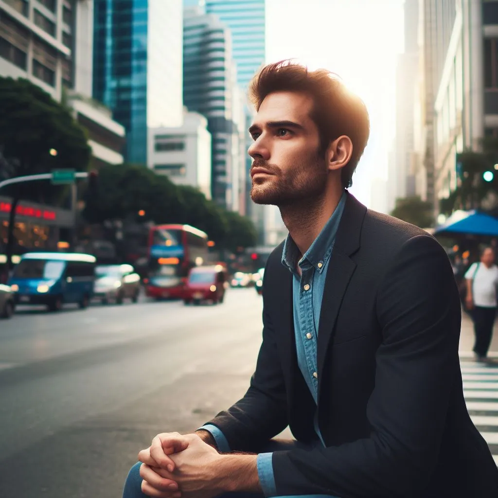 image of the man who finds himself alone again on the city street looking into space with a contemplative expression