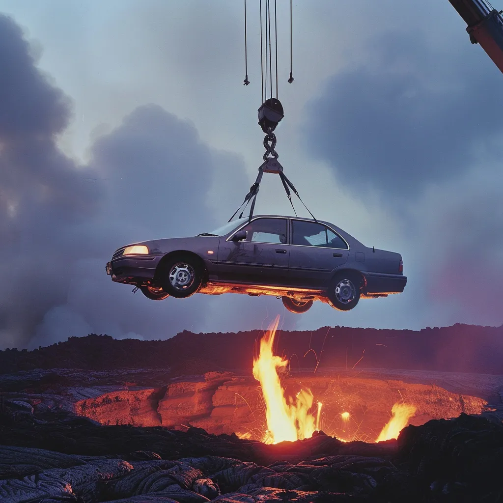 a car being lifted by a crane over a fire