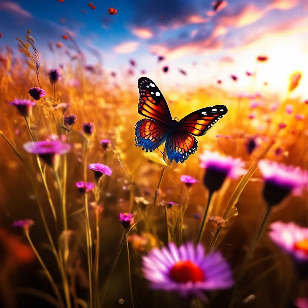 a butterfly flying over a field of flowers