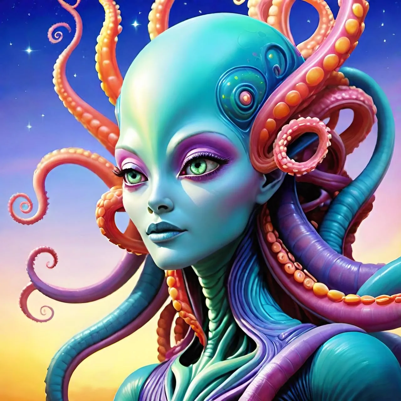 a painting of a woman with an octopus on her head