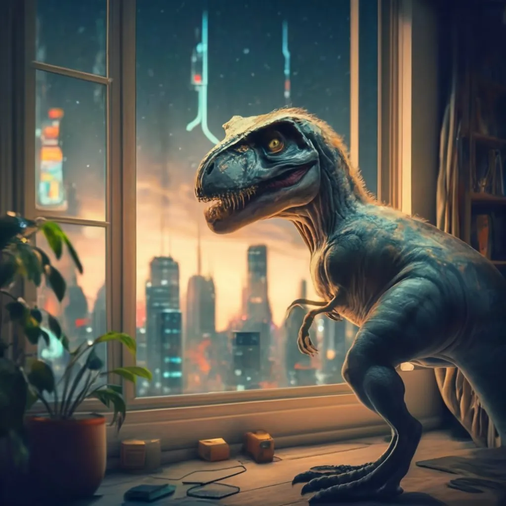 a dinosaur is looking out of a window