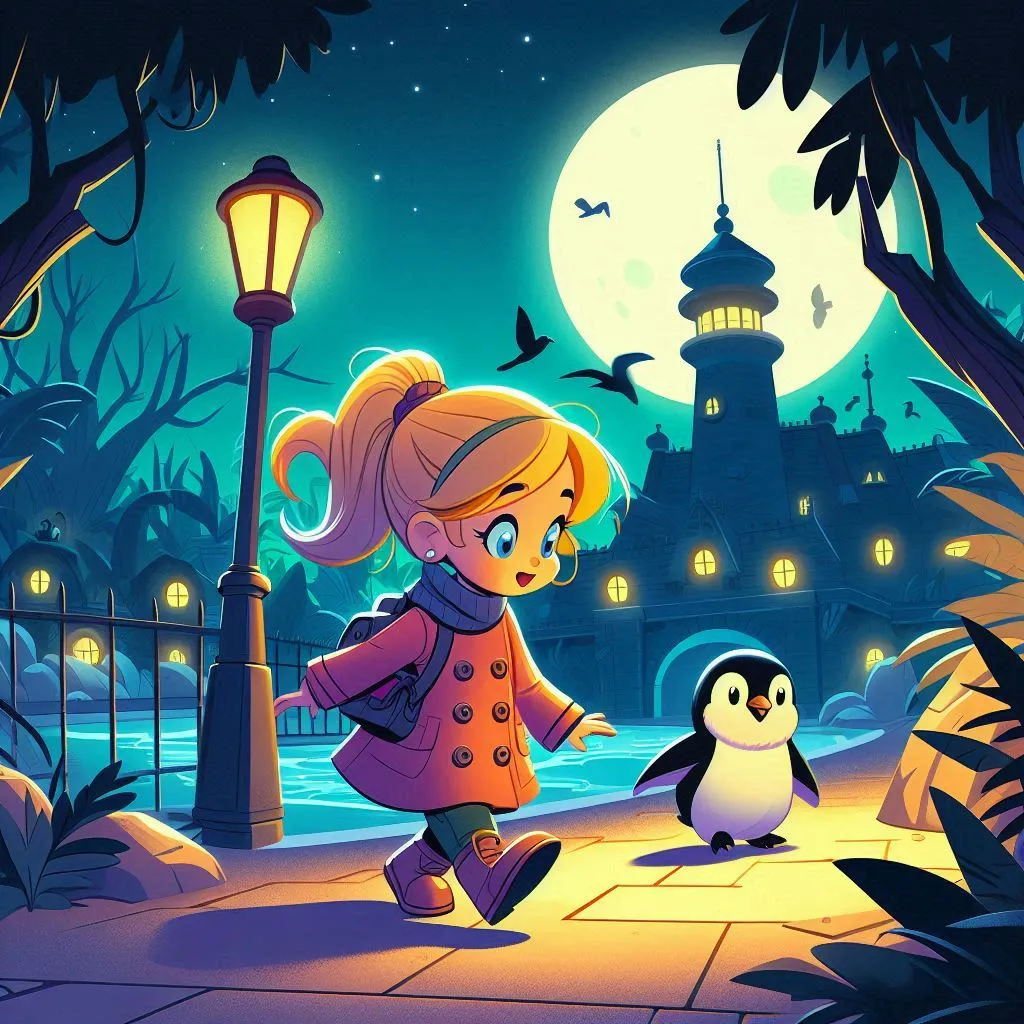 a girl and a penguin in front of a full moon