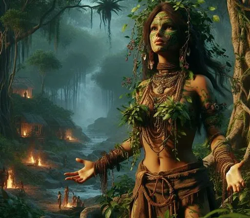 a woman in a forest with a lot of plants on her headm