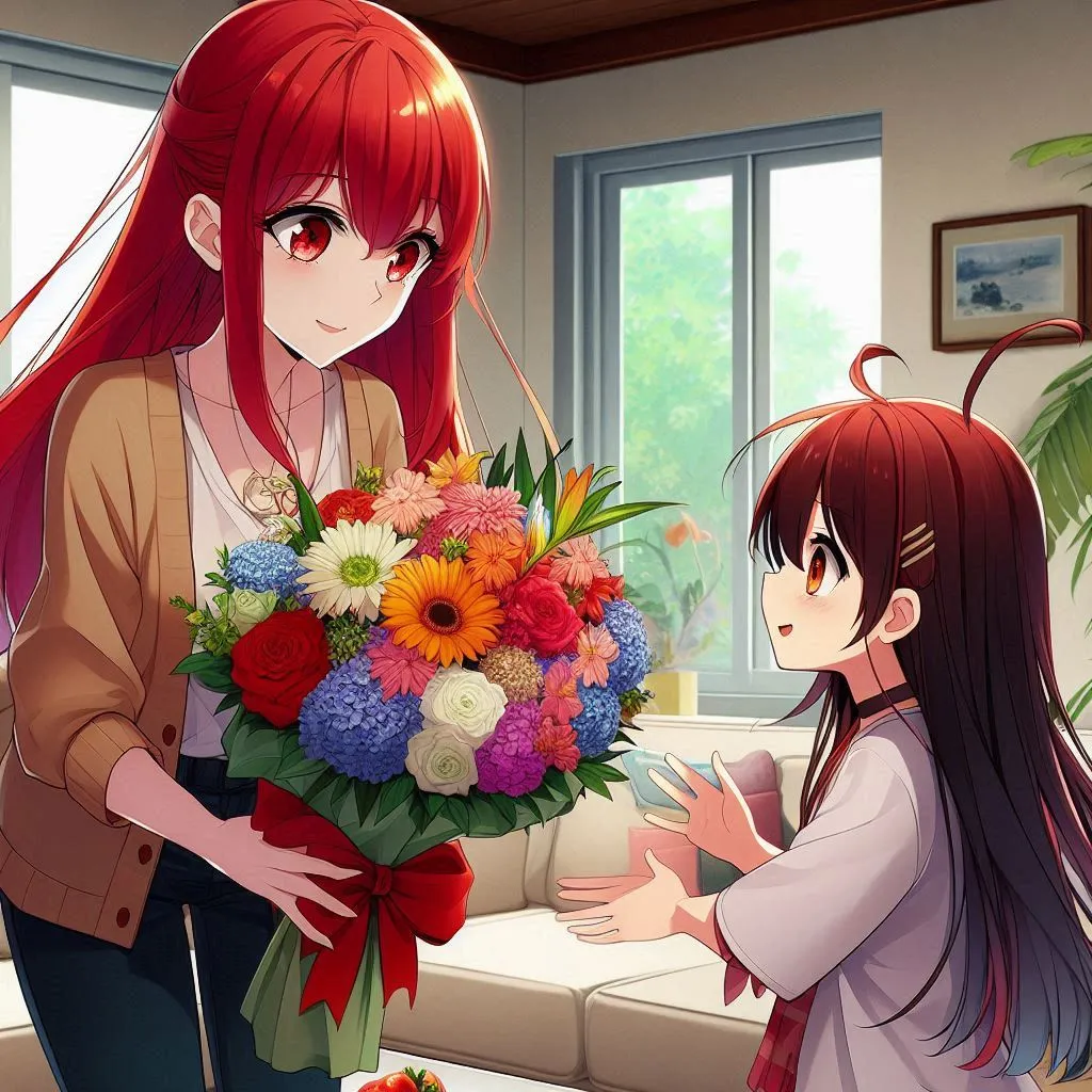 a woman handing a bouquet of flowers to another woman