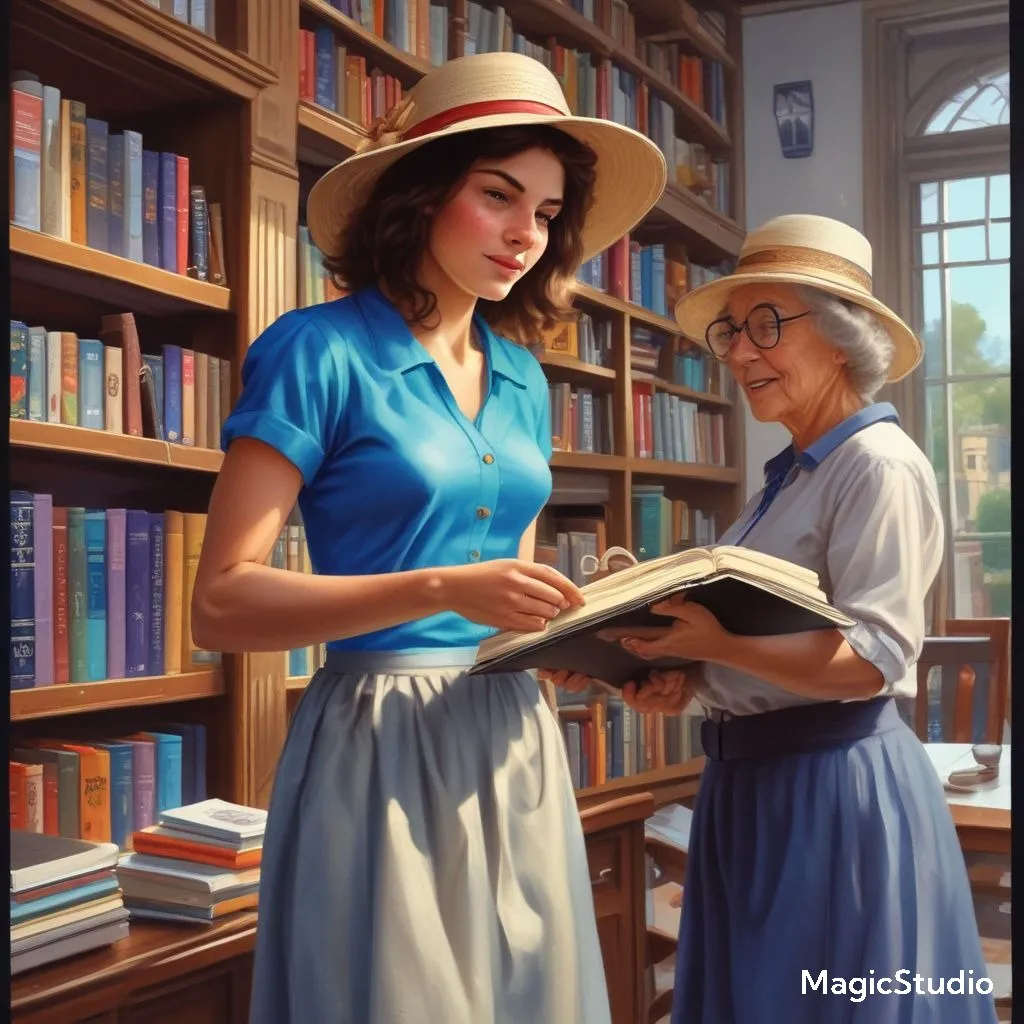 a painting of two women reading a book in a library