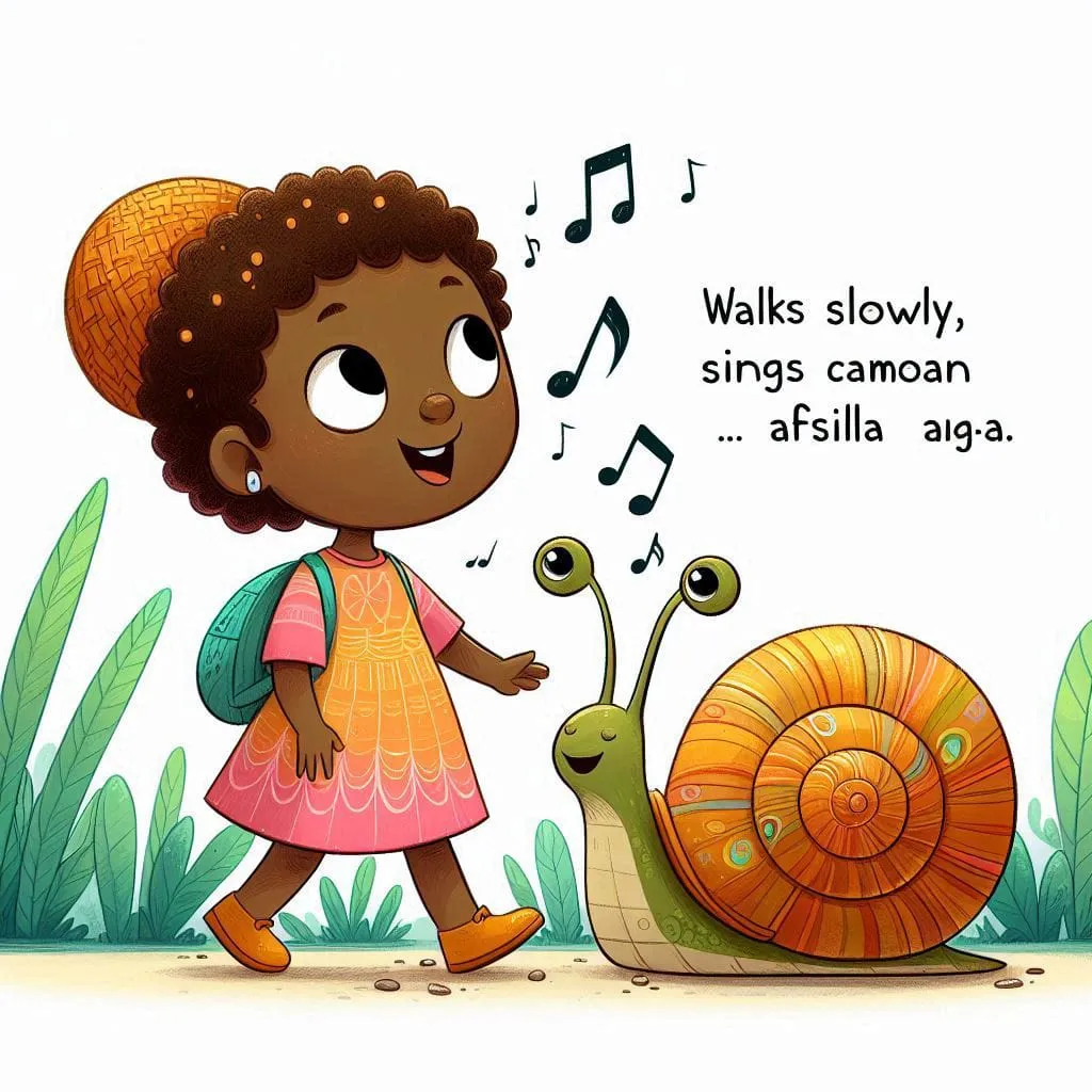 a little girl walking next to a snail