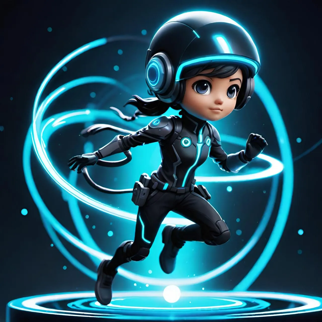 a girl in a helmet is running across a blue ring