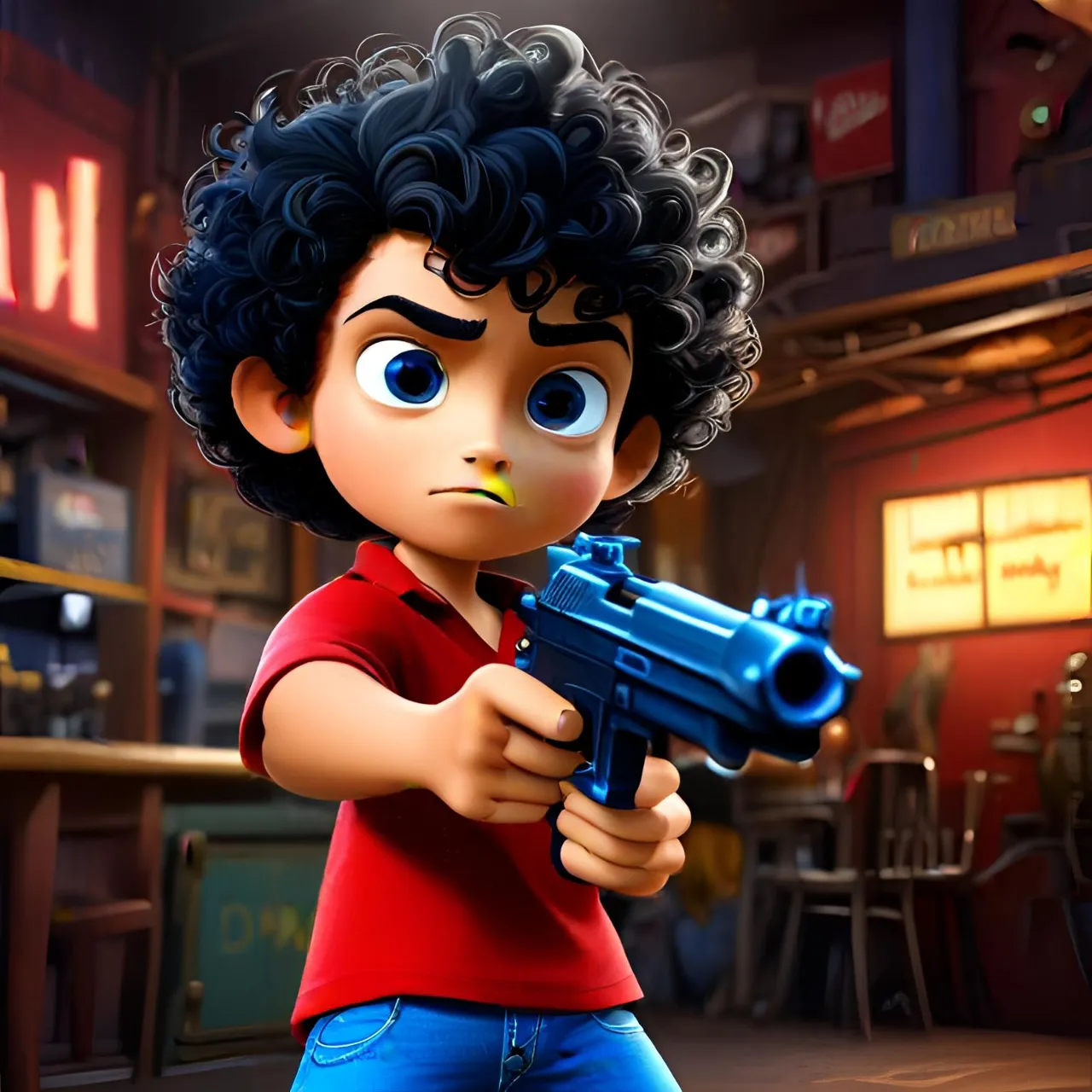 a cartoon character holding a gun in a room