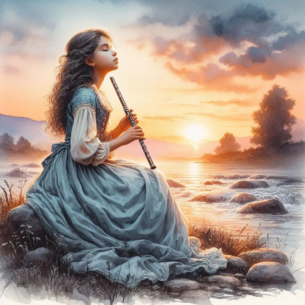 a painting of a girl playing a flute