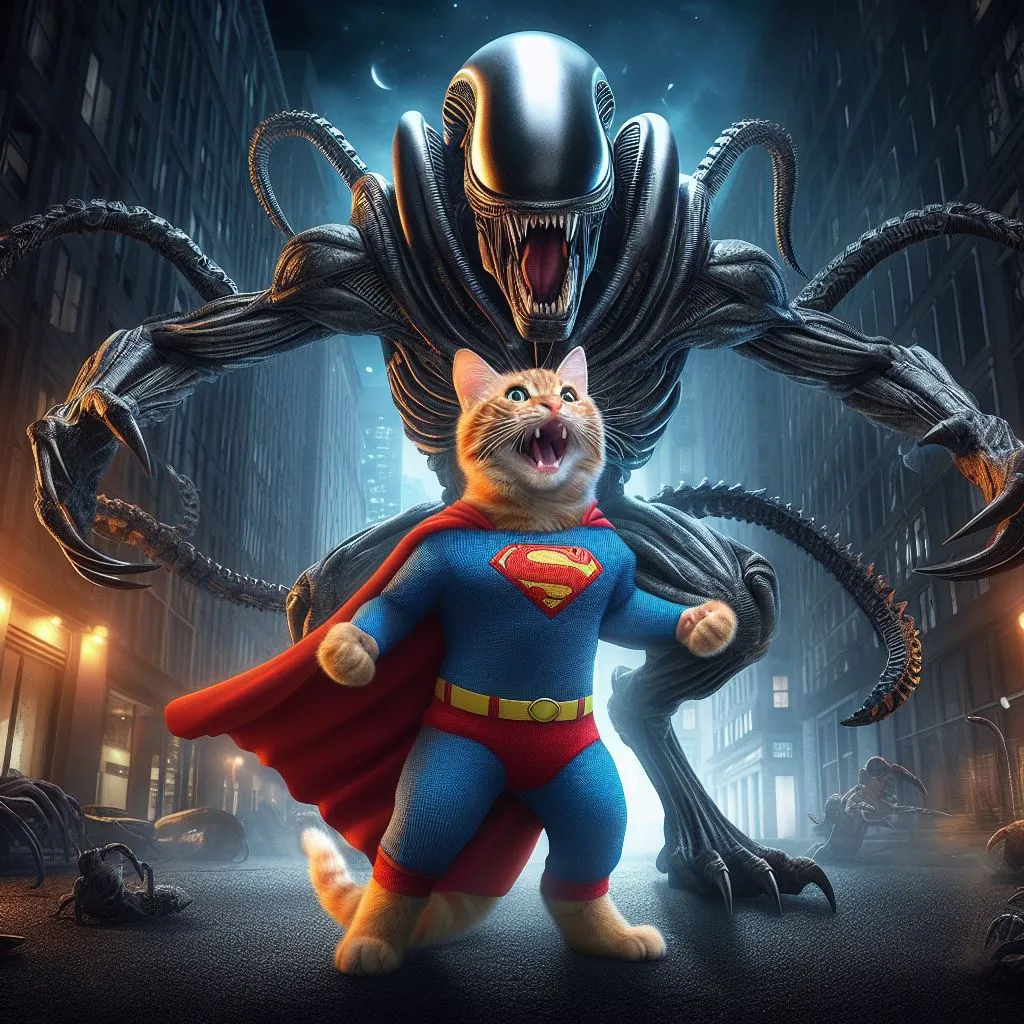 a cat dressed as a super hero standing in front of a giant alien