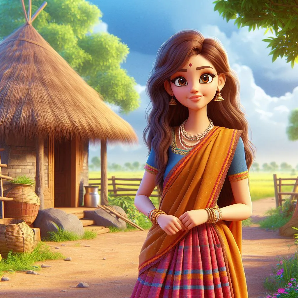 a woman in a colorful dress standing in front of a hut