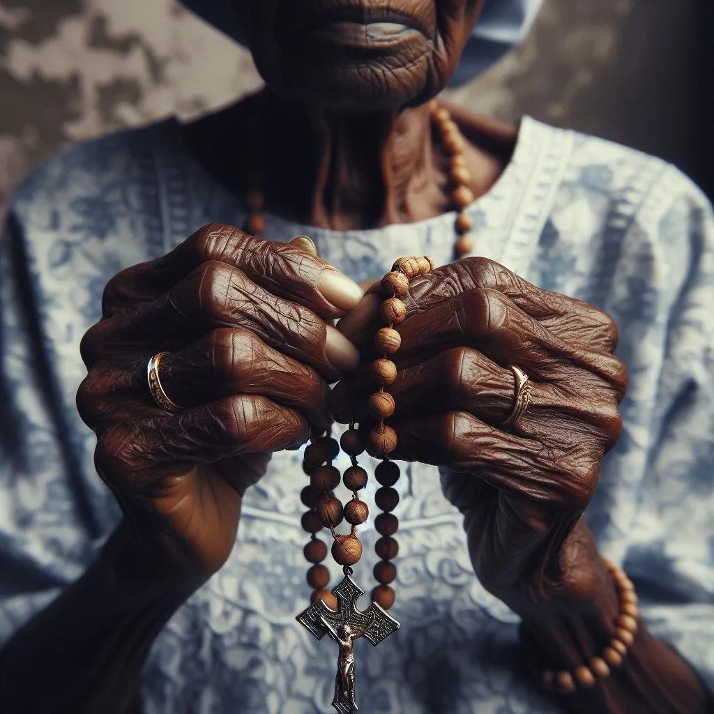 an old woman holding a rosary in her hands