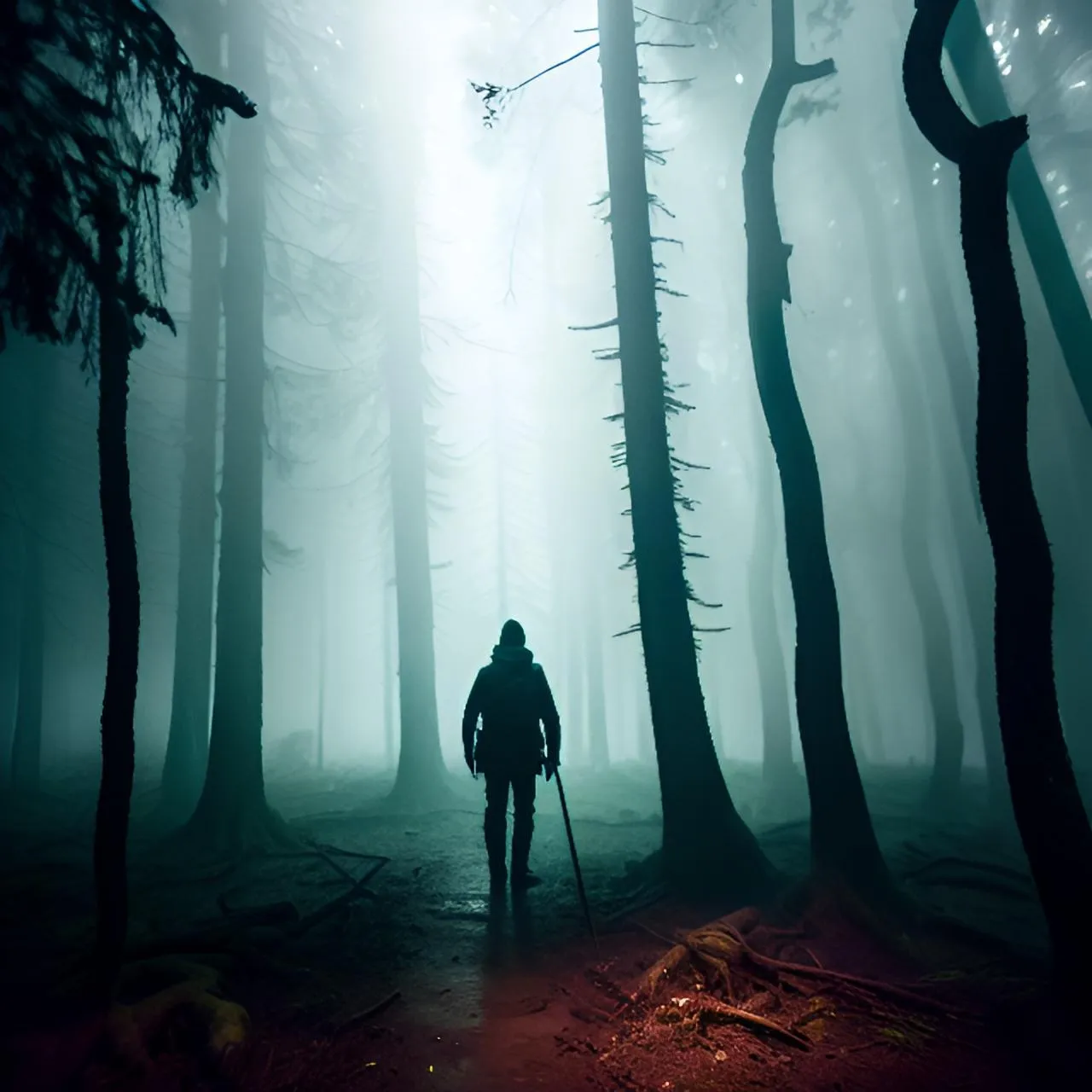 a man walking through a forest on a foggy day